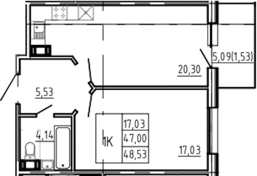 1-комнатная квартира 48.53 м², 4/5 эт., Комплекс апартаментов «Bereg. Курортный»